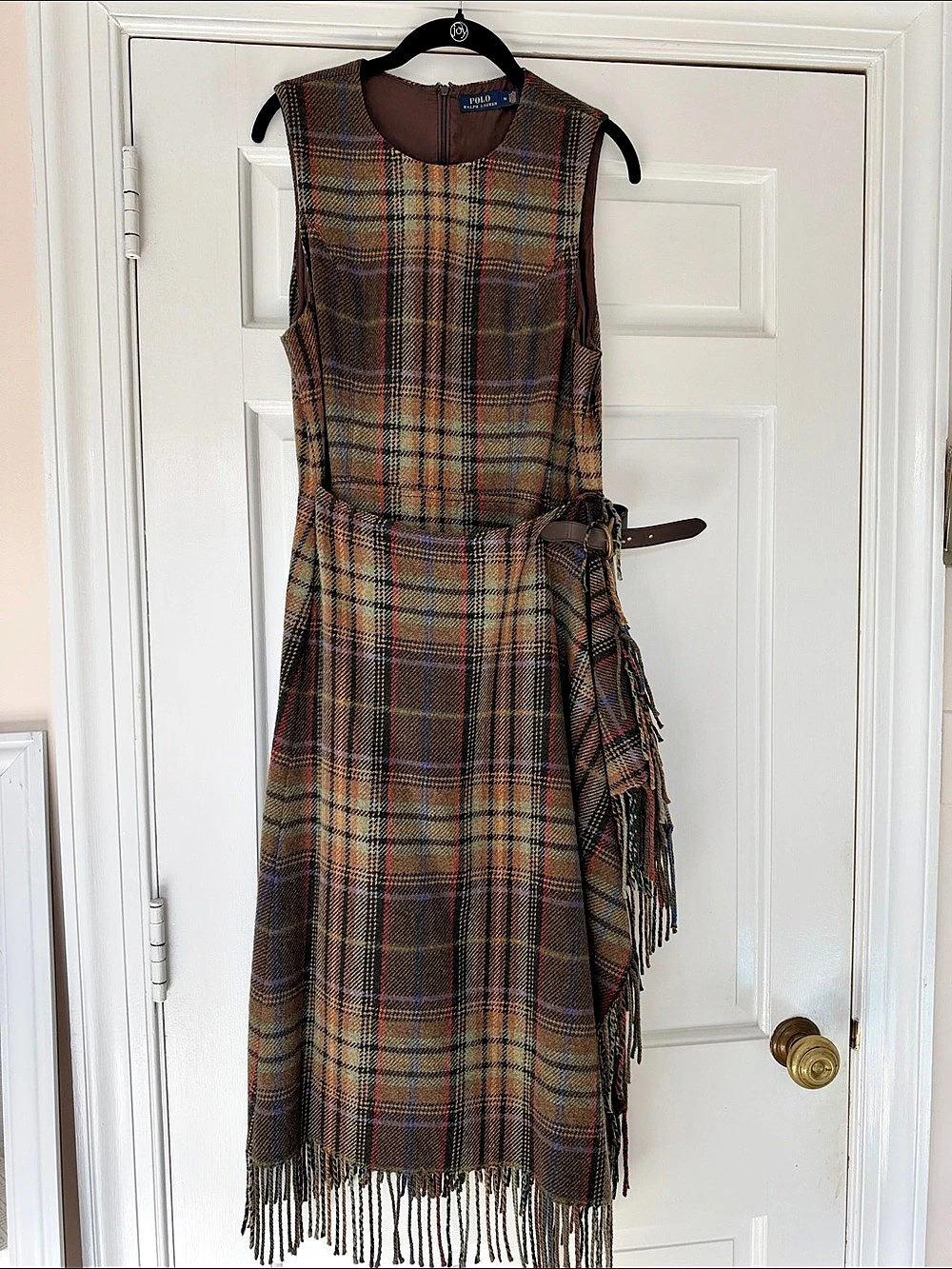Polo Ralph Lauren Plaid Fringe-and-Leather-Trim Wrap Dress Brown Size 10